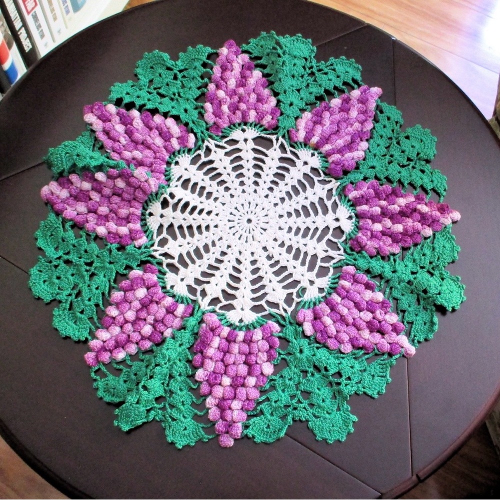 Vintage Handmade Green and Purple Raised Grapes Crochet Doily